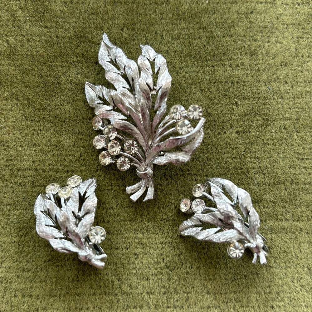 J.J. Brooch & Clip Earrings Silver Tone w/ Rhinestones Set (3)